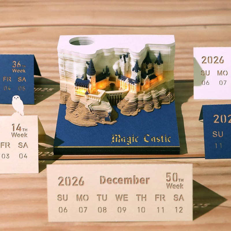 MACTANO 3D Art Calendar Memo Pad 2026, Creative Time Piece Calendar Magic Castle Rip Away Paper Carving Sticky DIY Note - Image 3